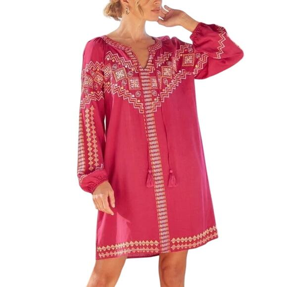 Savanna Jane Bright Pink Embroidered Long Sleeve Mini Western Shift Dress - Picture 1 of 13